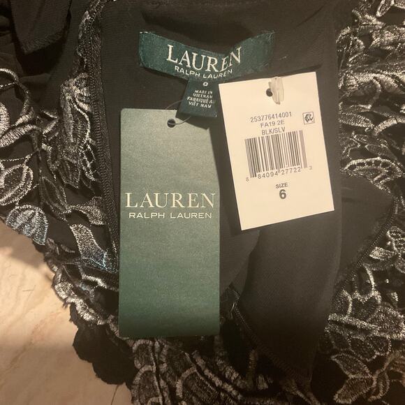 Ralph Lauren Lace Sleeveless Midi Sheath Cocktail Dress Black and Silver Size 6 - Picture 11 of 13